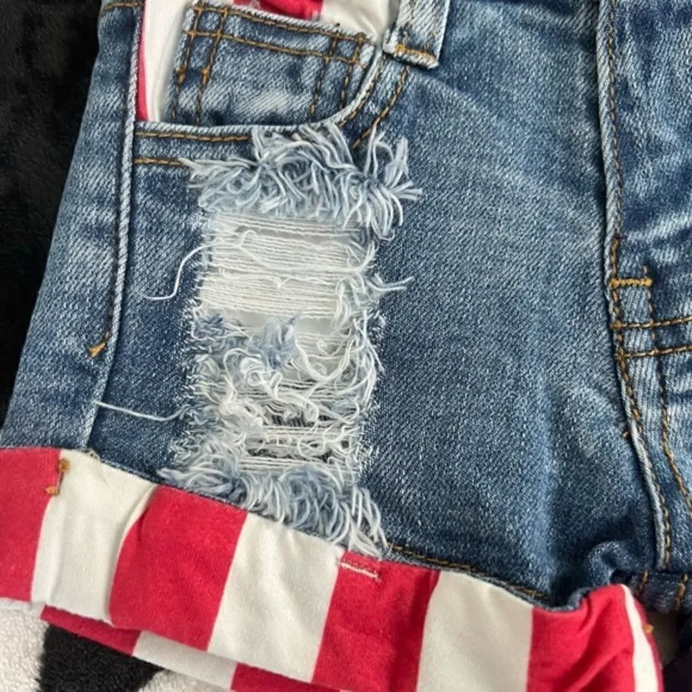 Stars and Stripes Distressed Denim Short Set 3XS (6-12 months) 4th of July Girls - Picture 5 of 16